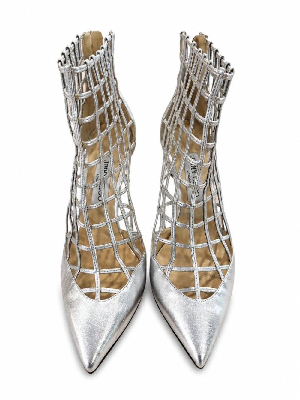Jimmy Choo Silver Metallic Cage Pointed Toe Stiletto Heels Size 39